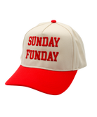 Beige and red cap with 'SUNDAY FUNDAY' text on a white background