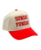 Beige and red cap with 'SUNDAY FUNDAY' text on a white background