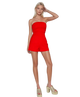 Woman wearing a red strapless romper on a white background