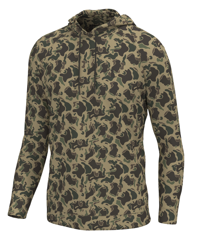 A long-sleeve hooded pullover with an all-over camouflage pattern in olive green, tan, and dark brown, shown on a plain white background.