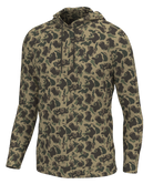 A long-sleeve hooded pullover with an all-over camouflage pattern in olive green, tan, and dark brown, shown on a plain white background.