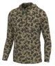 A long-sleeve hooded pullover with an all-over camouflage pattern in olive green, tan, and dark brown, shown on a plain white background.