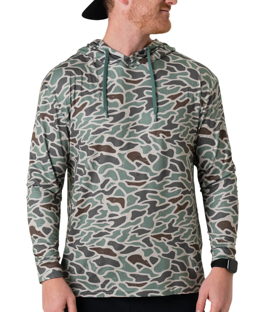 Person wearing a RETRO DUCK camouflage hoodie on a white background
