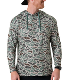 Person wearing a RETRO DUCK camouflage hoodie on a white background