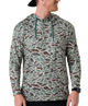 Person wearing a RETRO DUCK camouflage hoodie on a white background