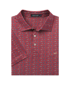 Red polo shirt with dog pattern on a white background