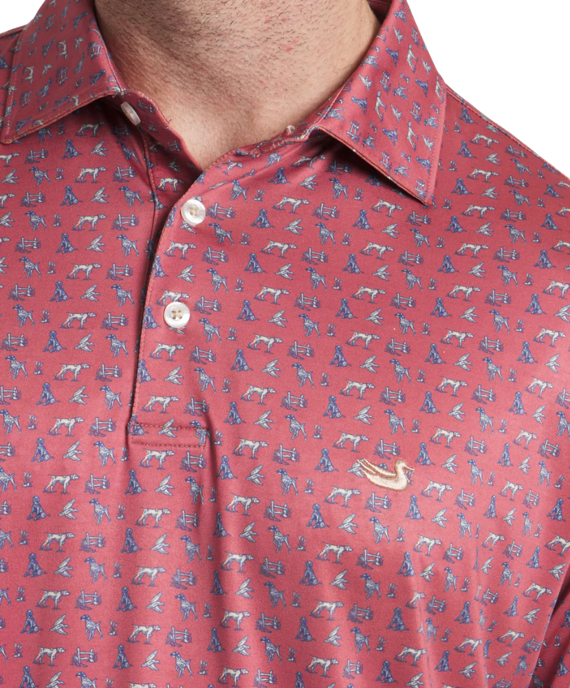 Red polo with hunting pointer dogs print. Men's Polo