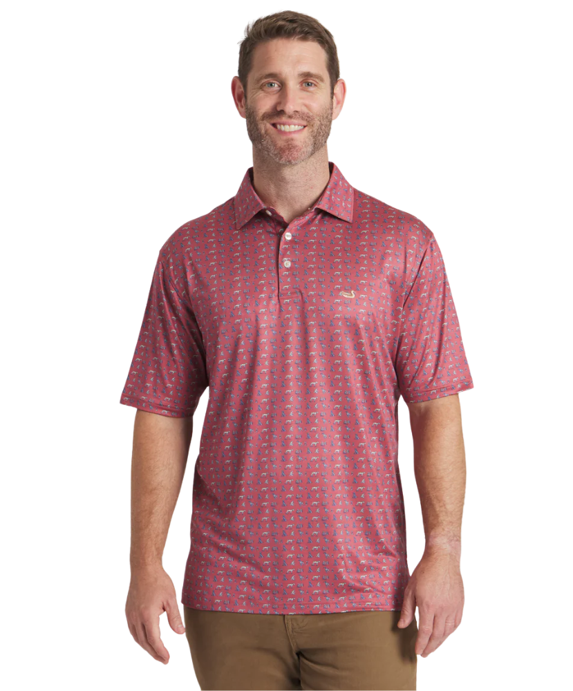 Red polo with hunting pointer dogs print. Men's Polo