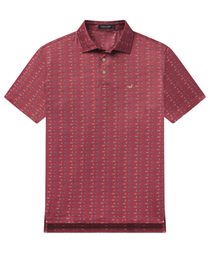 Red polo with hunting pointer dogs print. Men's Polo