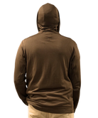 Brown hoodie worn by a person on a white background