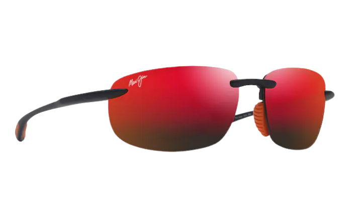 Red MAUI JIM polarized sunglasses with black frames on a white background