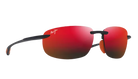 Red MAUI JIM polarized sunglasses with black frames on a white background