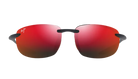 Red MAUI JIM polarized sunglasses with black frames on a white background
