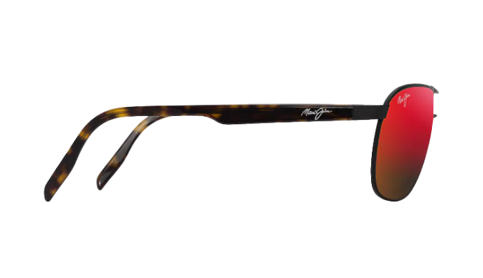 Maui Jim Aviator Sunglasses with red lenses and black frame on a white background