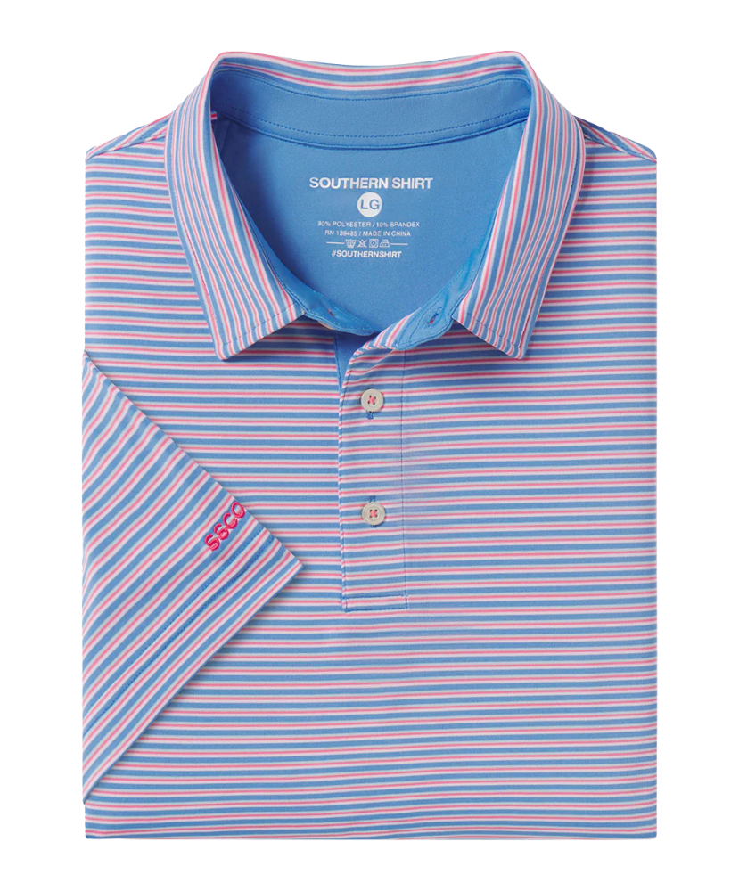 Folded Southern Shirt Co blue and pink striped polo shirt with 'Southern Shirt' branding on a white background