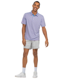 Man wearing a Southern Shirt Co light purple striped polo shirt and gray shorts on a white background