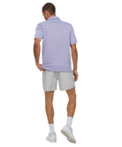 Man wearing a Southern Shirt Co light purple striped polo shirt and gray shorts on a white background