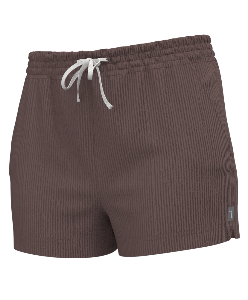 Brown shorts with a drawstring on a white background