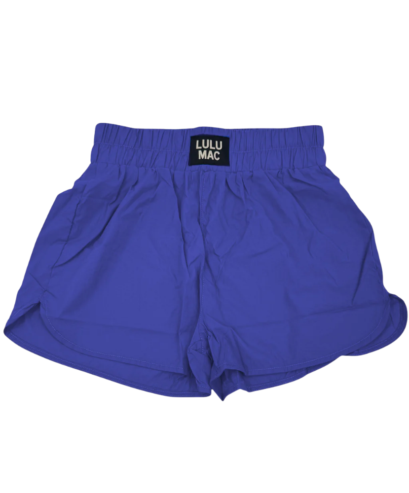Blue shorts with a Lulu Mac label on a white background