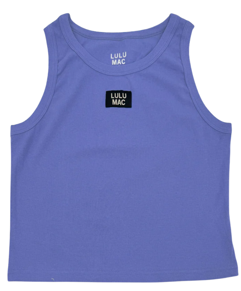 Purple tank top with Lulu Mac branding on a white background