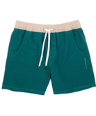 Teal shorts with beige waistband and white drawstring on a white background