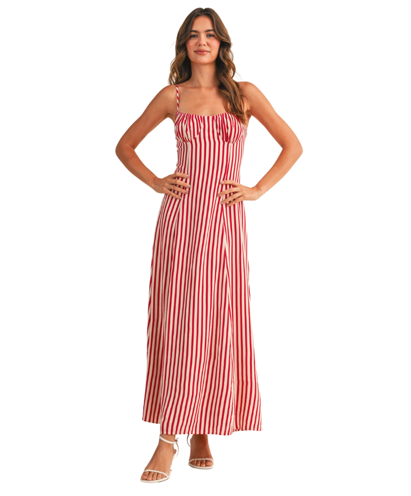 Striped Bustier Sleeveless Flared Maxi Dress