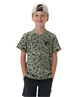 A youth wearing a short sleeve camouflage t-shirt in green tones.