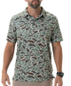 Man wearing a camouflage-patterned polo shirt on a white background
