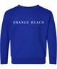 A green toddler crewneck sweatshirt with 'ORANGE BEACH' text printed on the front.
