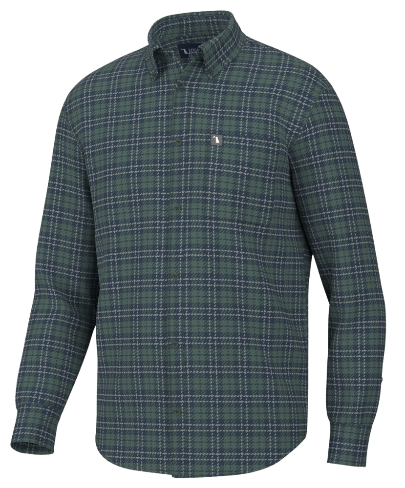 Green and blue plaid stretch flannel dress shirt.