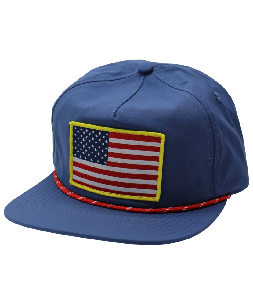 Blue cap with American flag patch on a white background