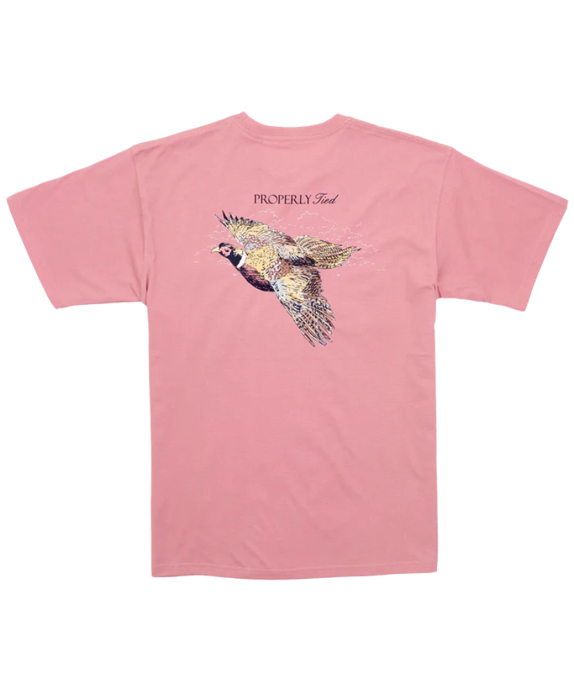 Pink t-shirt with a colorful PHEASANT bird design on the back against a white background