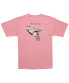 Pink t-shirt with a colorful PHEASANT bird design on the back against a white background