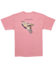 Pink t-shirt with a colorful PHEASANT bird design on the back against a white background