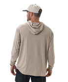 Man wearing a beige long-sleeve hoodie and cap on a white background
