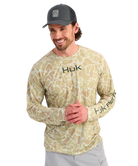Man wearing a camouflage long-sleeve shirt with 'HUK' branding on a white background