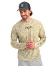 Man wearing a camouflage long-sleeve shirt with 'HUK' branding on a white background