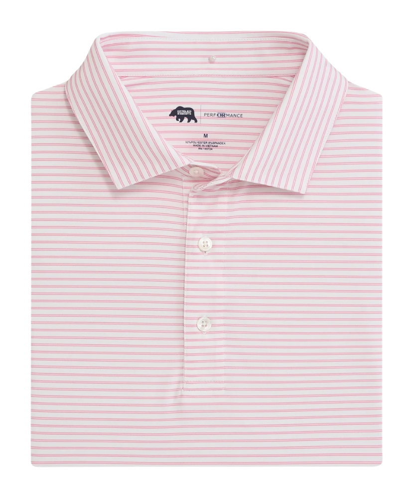 ONWARD RESERVE Pink and white striped polo shirt on a white background