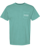 Teal t-shirt with a pocket and 'SHADES' logo on a white background