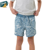 Boy wearing blue camouflage shorts on a transparent background