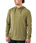 Man wearing a green hoodie on a white background