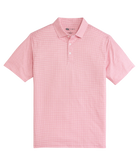 Pink polo shirt with a subtle pattern on a white background