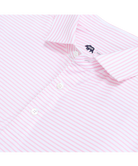 LOCAL BOY Pink and white striped polo shirt with a brand logo on a white background
