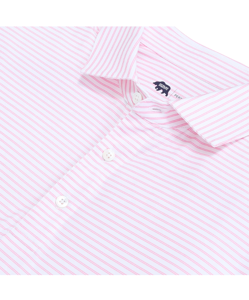 LOCAL BOY Pink and white striped polo shirt with a brand logo on a white background