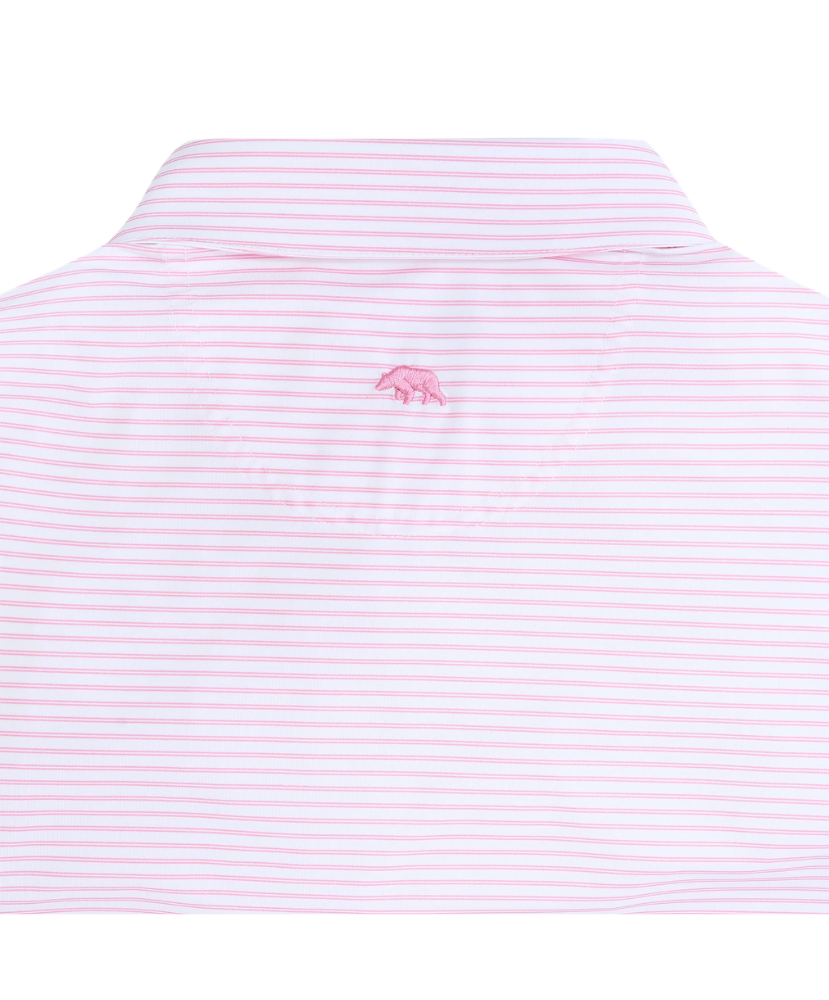 LOCAL BOY Pink and white striped polo shirt with a brand logo on a white background