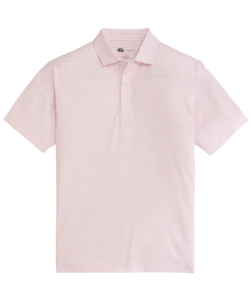 LOCAL BOY Pink and white striped polo shirt with a brand logo on a white background