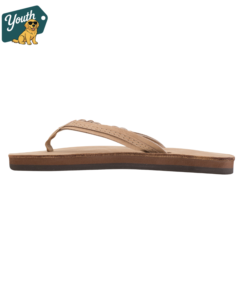 Kid's Rainbow Sandals tan leather sandal on a white background with 'Youth' logo in the corner.