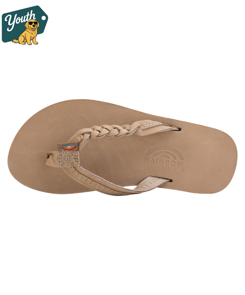 Kid's Rainbow Sandals tan leather sandal on a white background with 'Youth' logo in the corner.