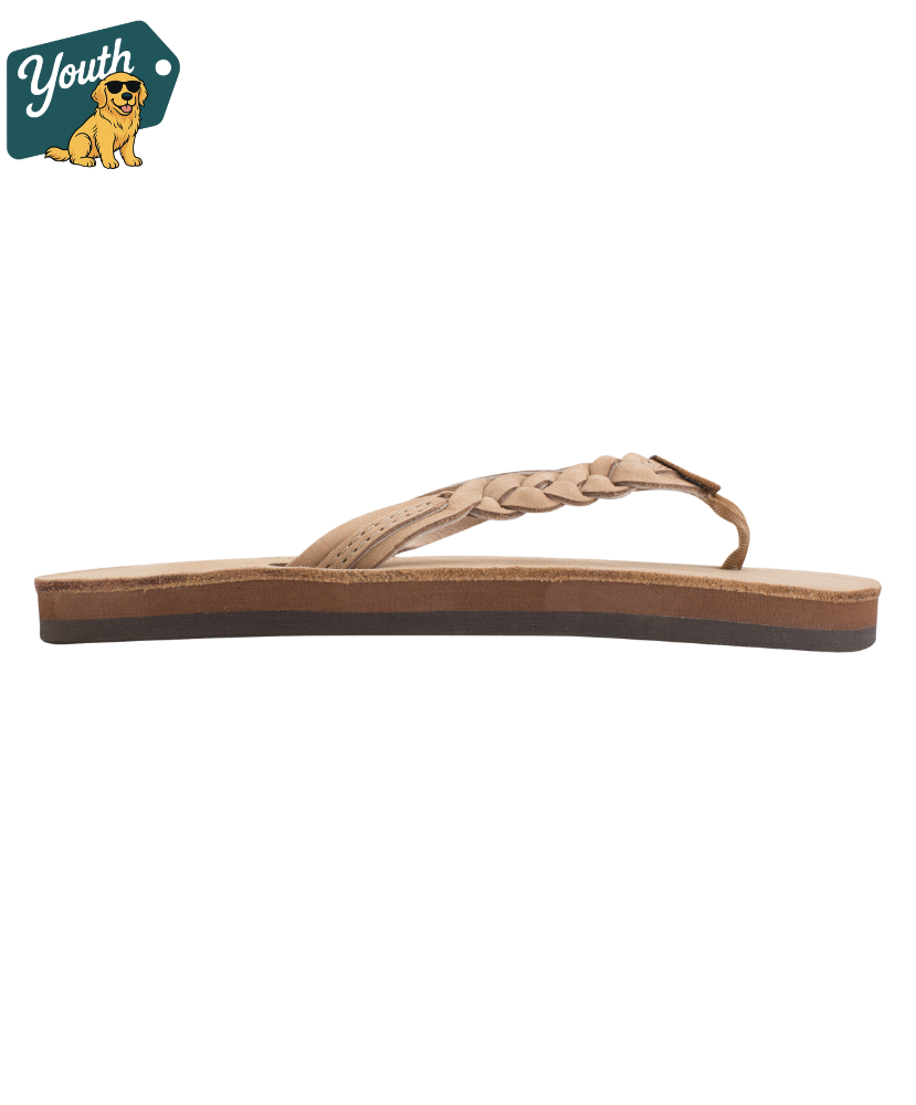 Kid's Rainbow Sandals tan leather sandal on a white background with 'Youth' logo in the corner.