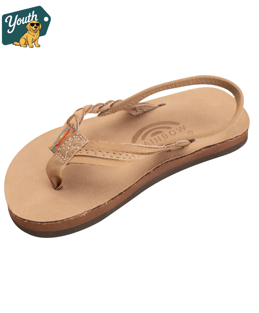 Kid's Rainbow Sandals tan leather sandal on a white background with 'Youth' logo in the corner.